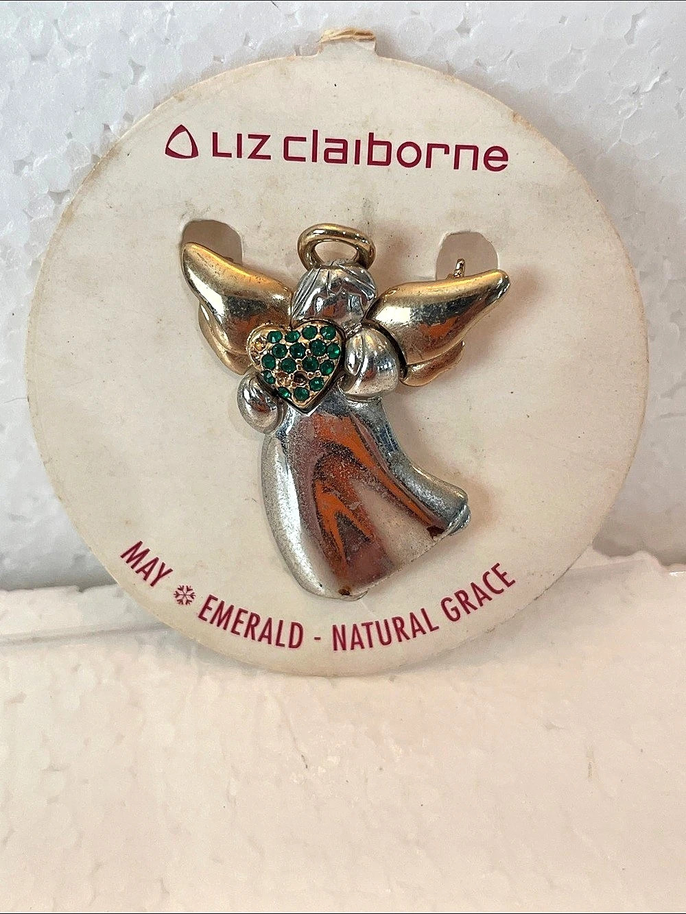 Liz Claiborne May Emerald Natural Grace Angel Brooch Silver & Gold lapel pin